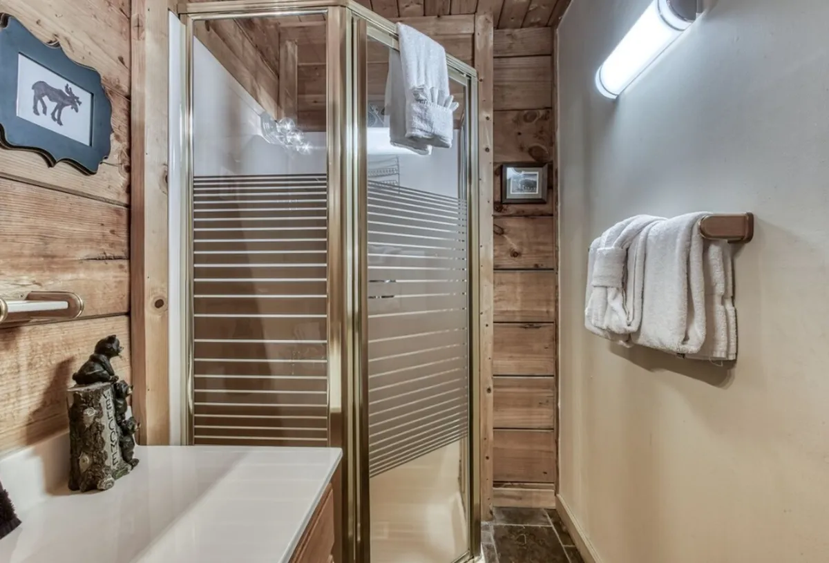 A modern bathroom with a glass shower enclosure, wooden wall paneling, decorative moose artwork, and a towel rack with lush towels. The ambiance is clean, inviting, and ideal for self-care routines.